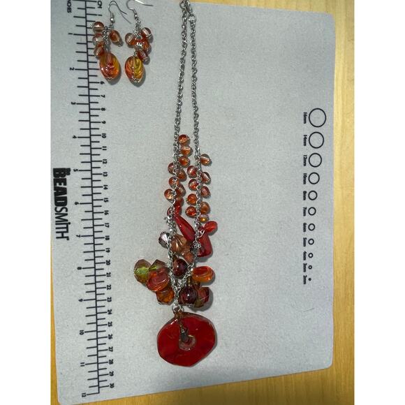 Red Copper Art Glass Beaded Pendant Necklace & Dangle Earring Set - Picture 8 of 8